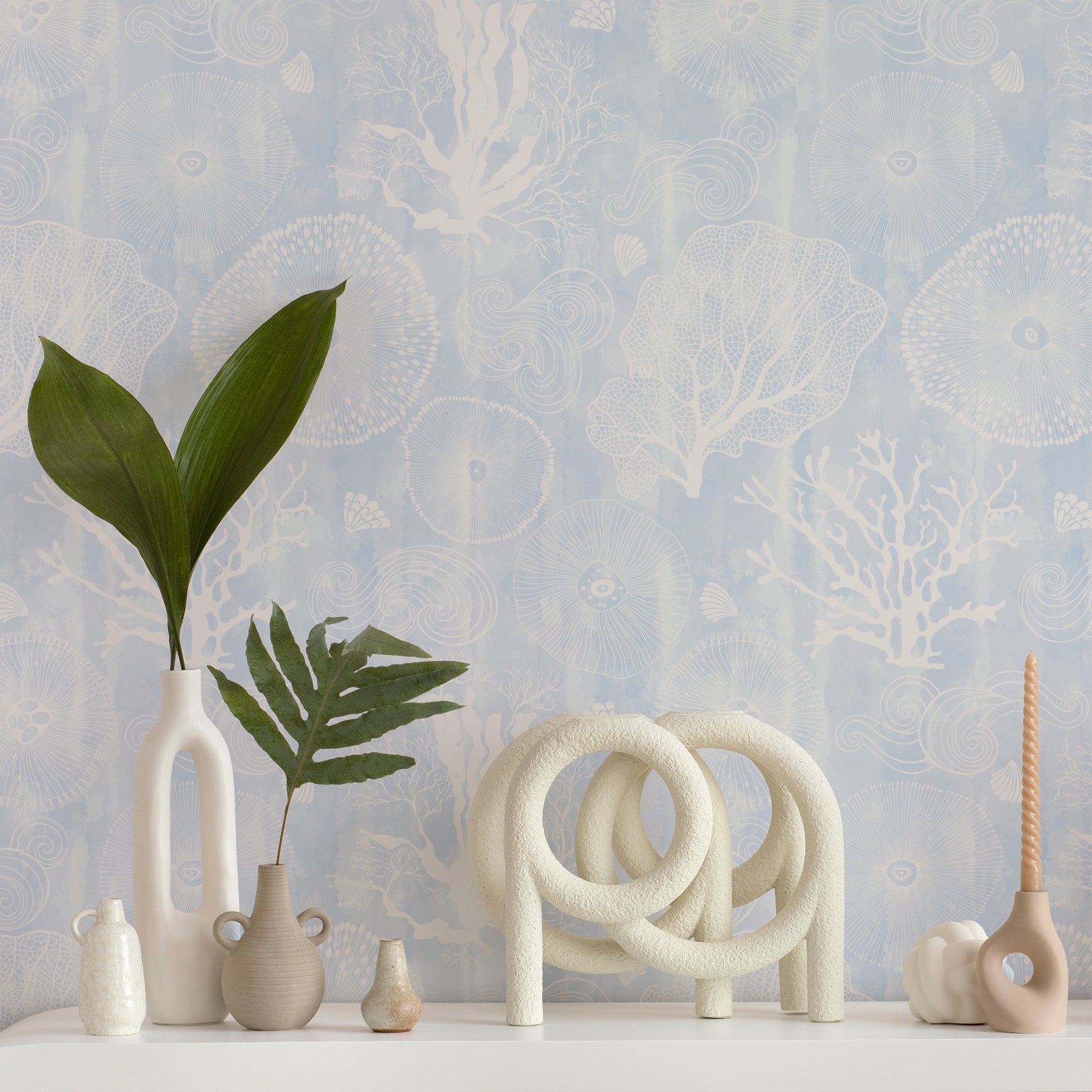 Coastal Coral in Ice Blue Wallpaper