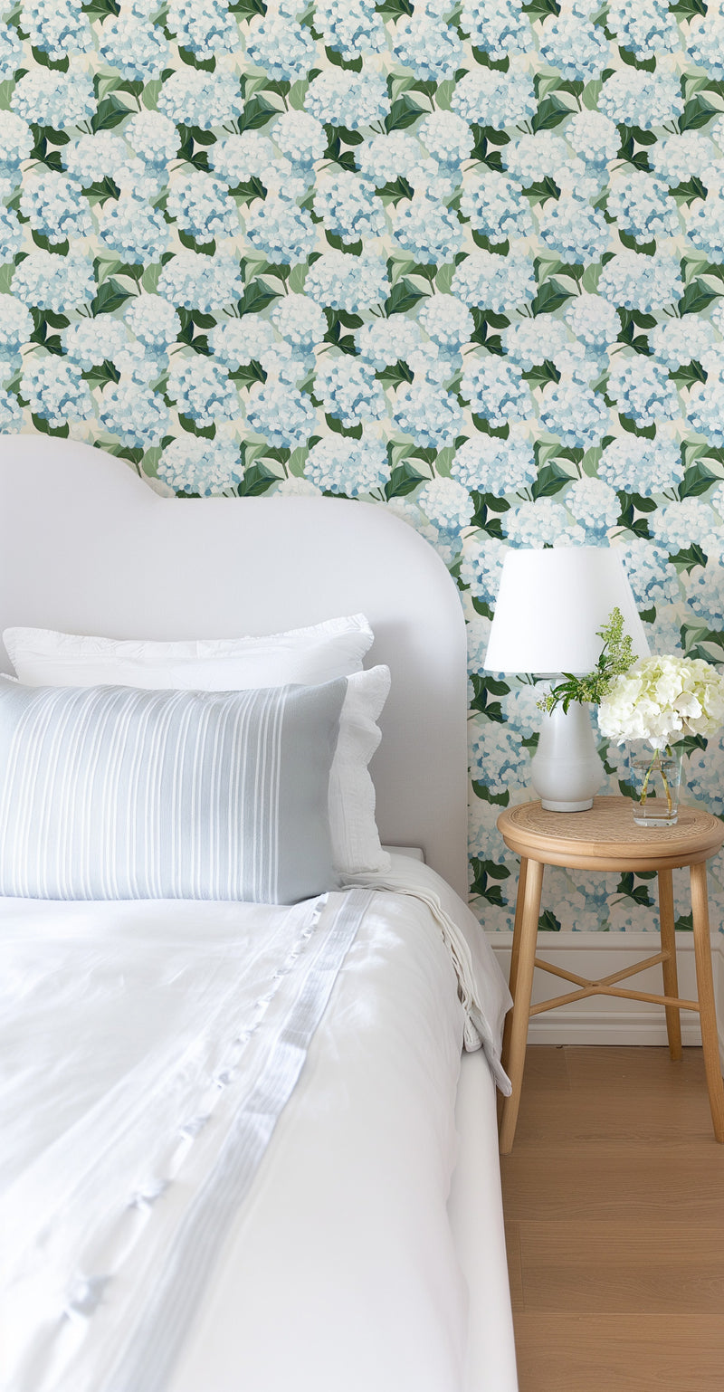 Painterly Hydrangeas in Hamptons Blue Wallpaper from Olive et Oriel where you can shop wallpaper and artworks online