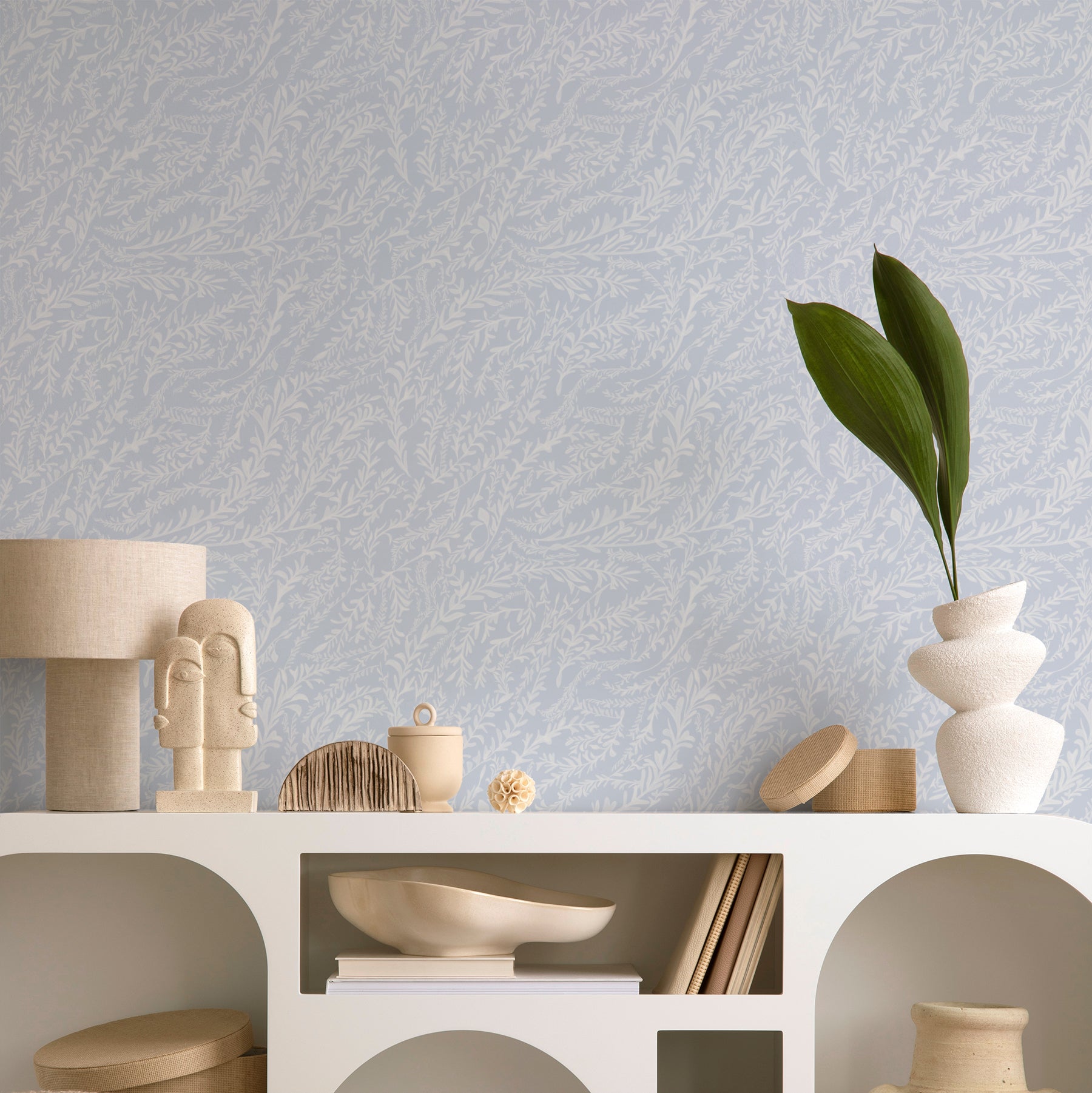 Hamptons Sea Leaves Blue & White Wallpaper