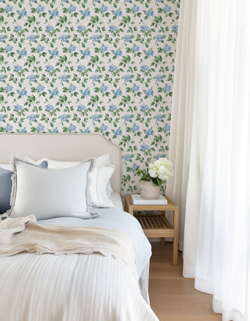 Hampton Bloom in Light Blue Hydrangea Wallpaper from Olive et Oriel where you can shop wallpaper and artworks online