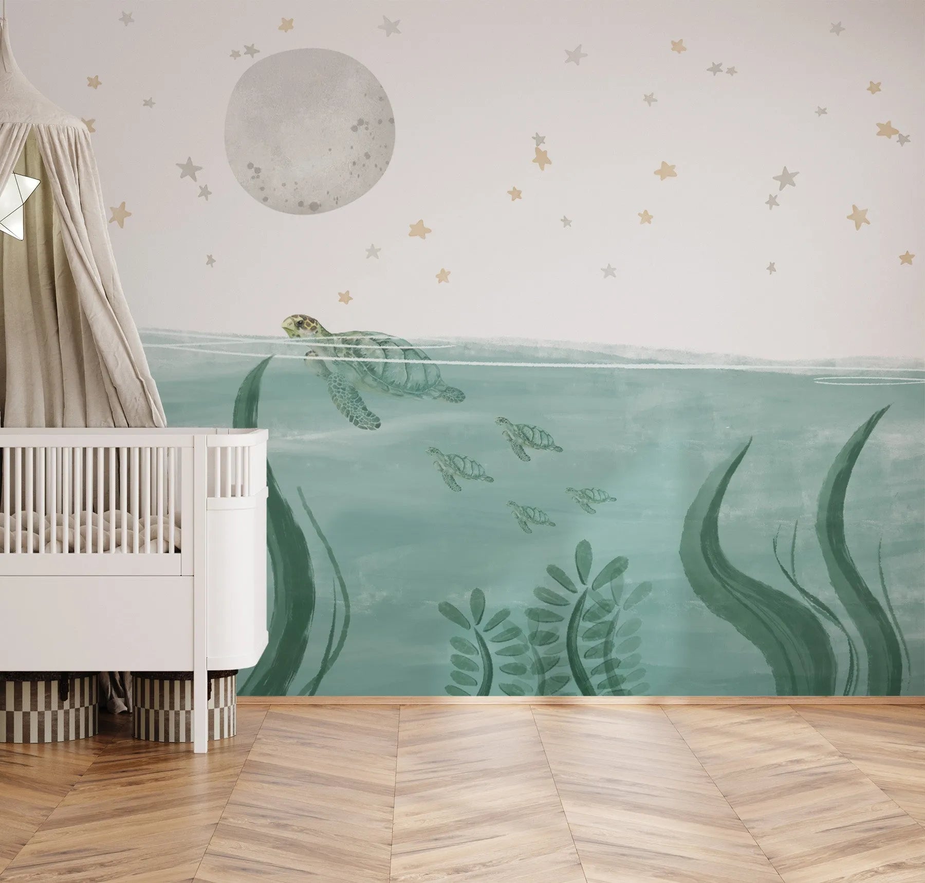 Sea Turtles In The Moonlight Wallpaper Mural from Olive et Oriel where you can shop wallpaper and artworks online