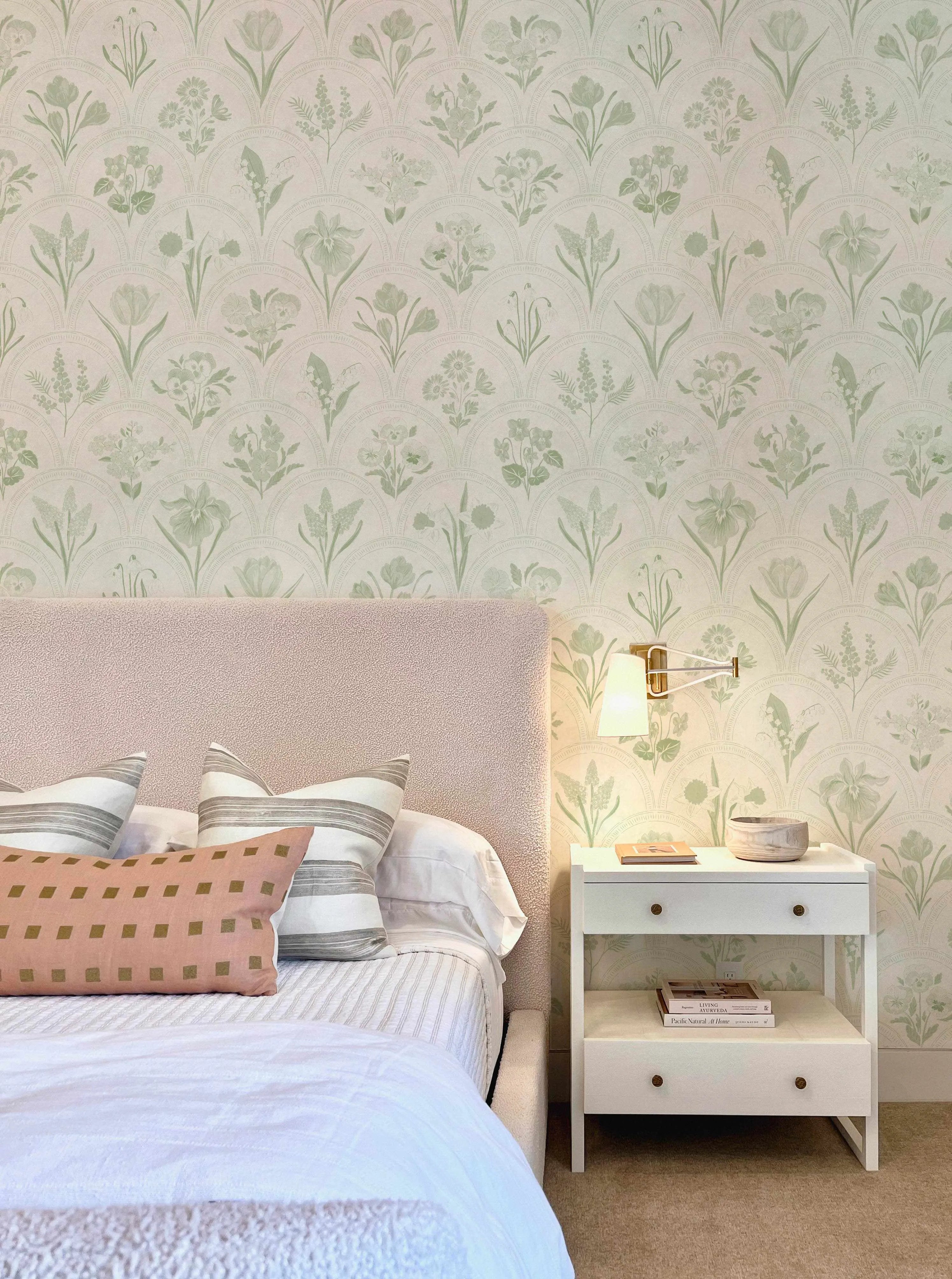 Arch Blooms Sage Green Wallpaper from Olive et Oriel where you can shop wallpaper and artworks online