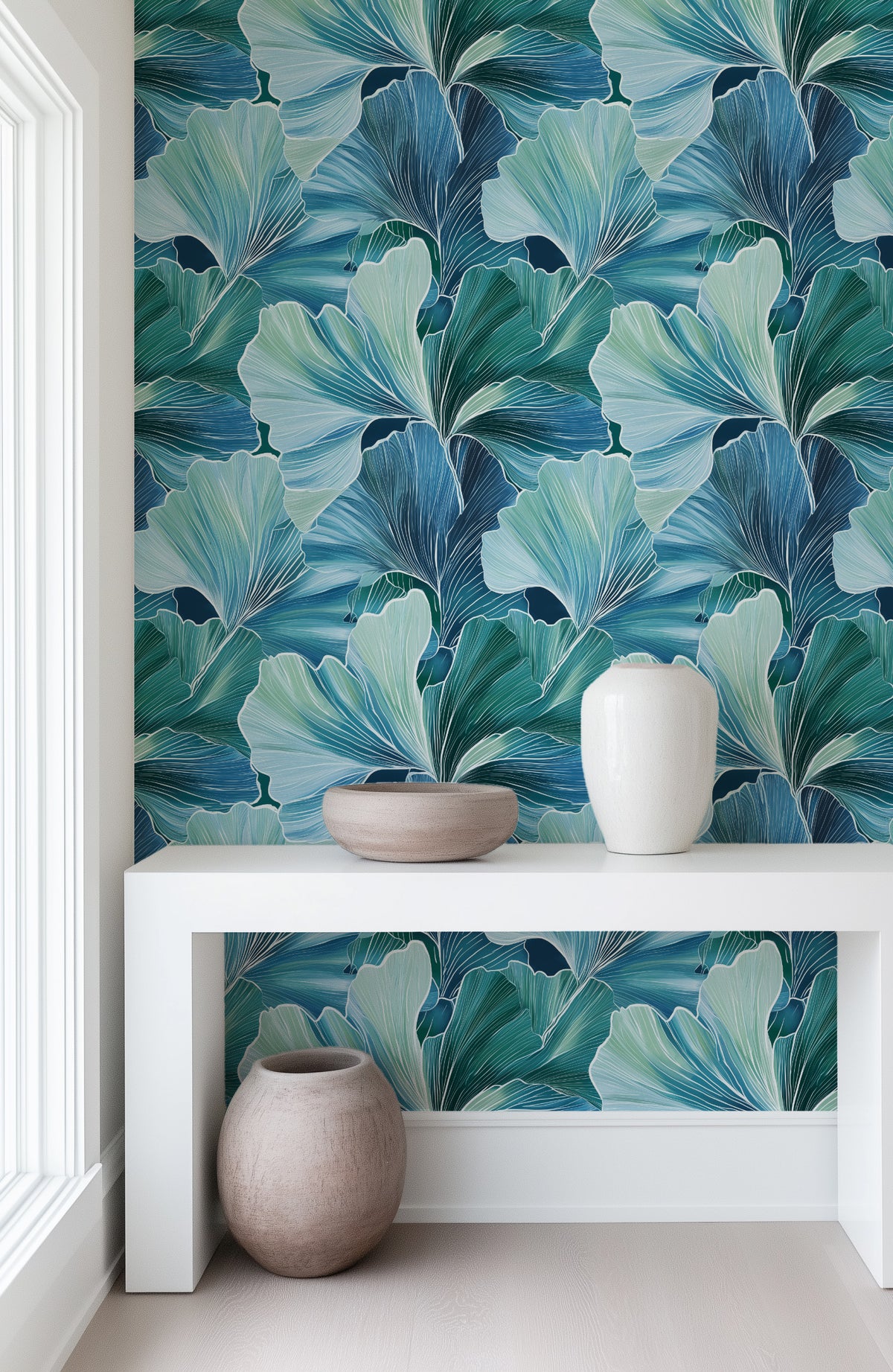 Ginkgo in Blue Wallpaper from Olive et Oriel where you can shop wallpaper and artworks online