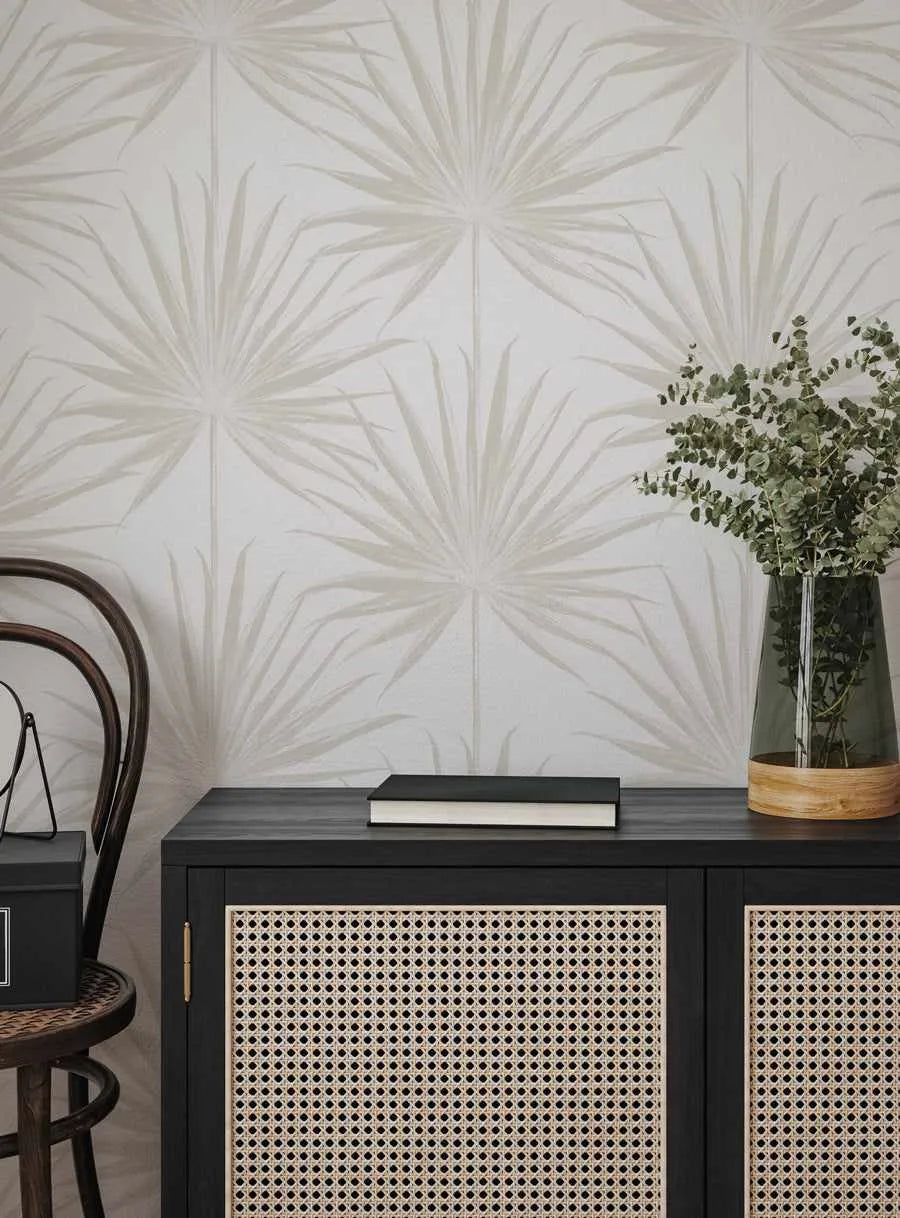 Coastal Palm Wallpaper in Warm Grey from Olive et Oriel where you can shop wallpaper and artworks online