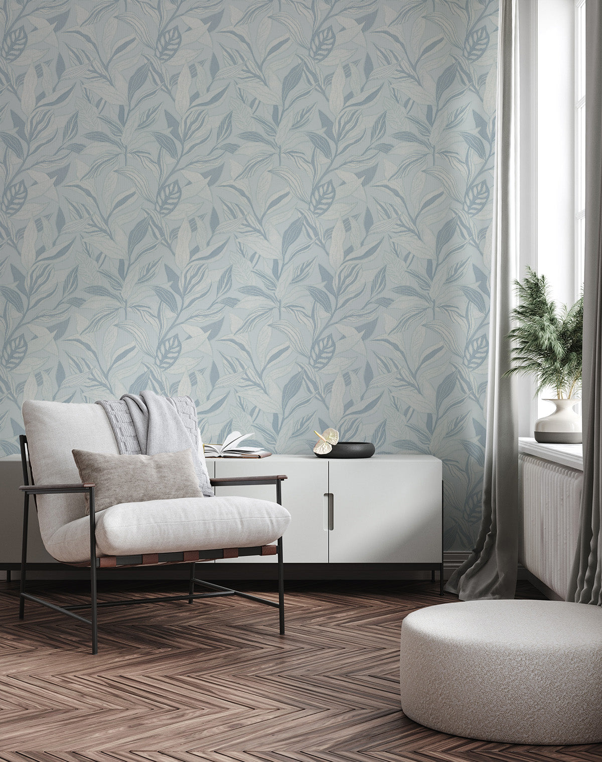 Foliage Leaves in Blue Wallpaper from Olive et Oriel where you can shop wallpaper and artworks online