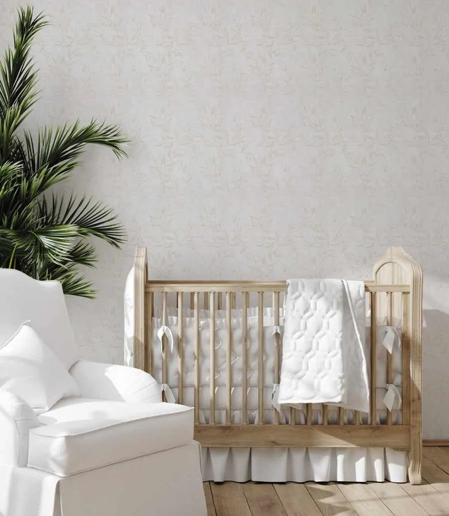 Olive Leaf Wallpaper in Dove Grey from Olive et Oriel where you can shop wallpaper and artworks online