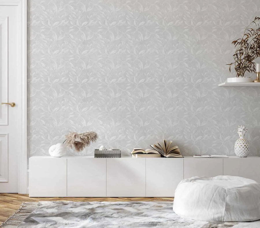 Autumn Leaves Wallpaper in Soft Grey from Olive et Oriel where you can shop wallpaper and artworks online
