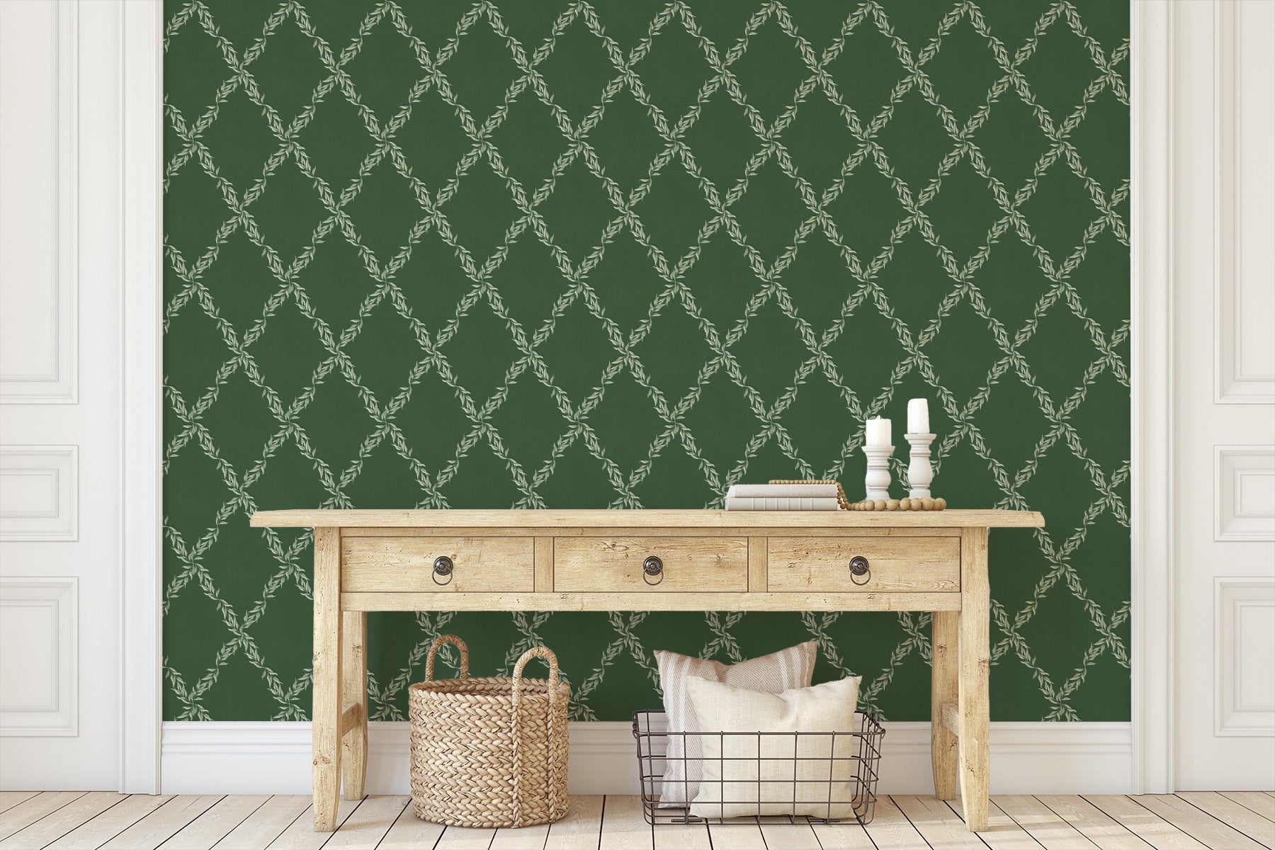 Leafy Lattice  Dark Green Wallpaper