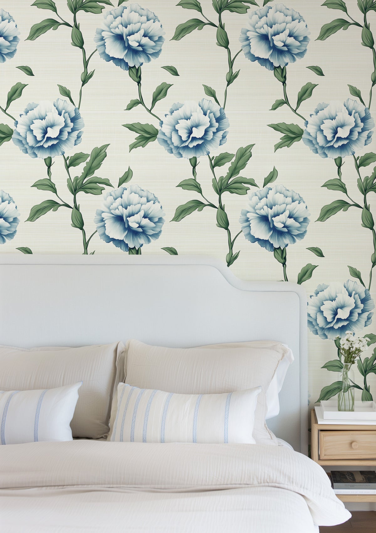 Cottage Carnations in Light Blue Wallpaper from Olive et Oriel where you can shop wallpaper and artworks online