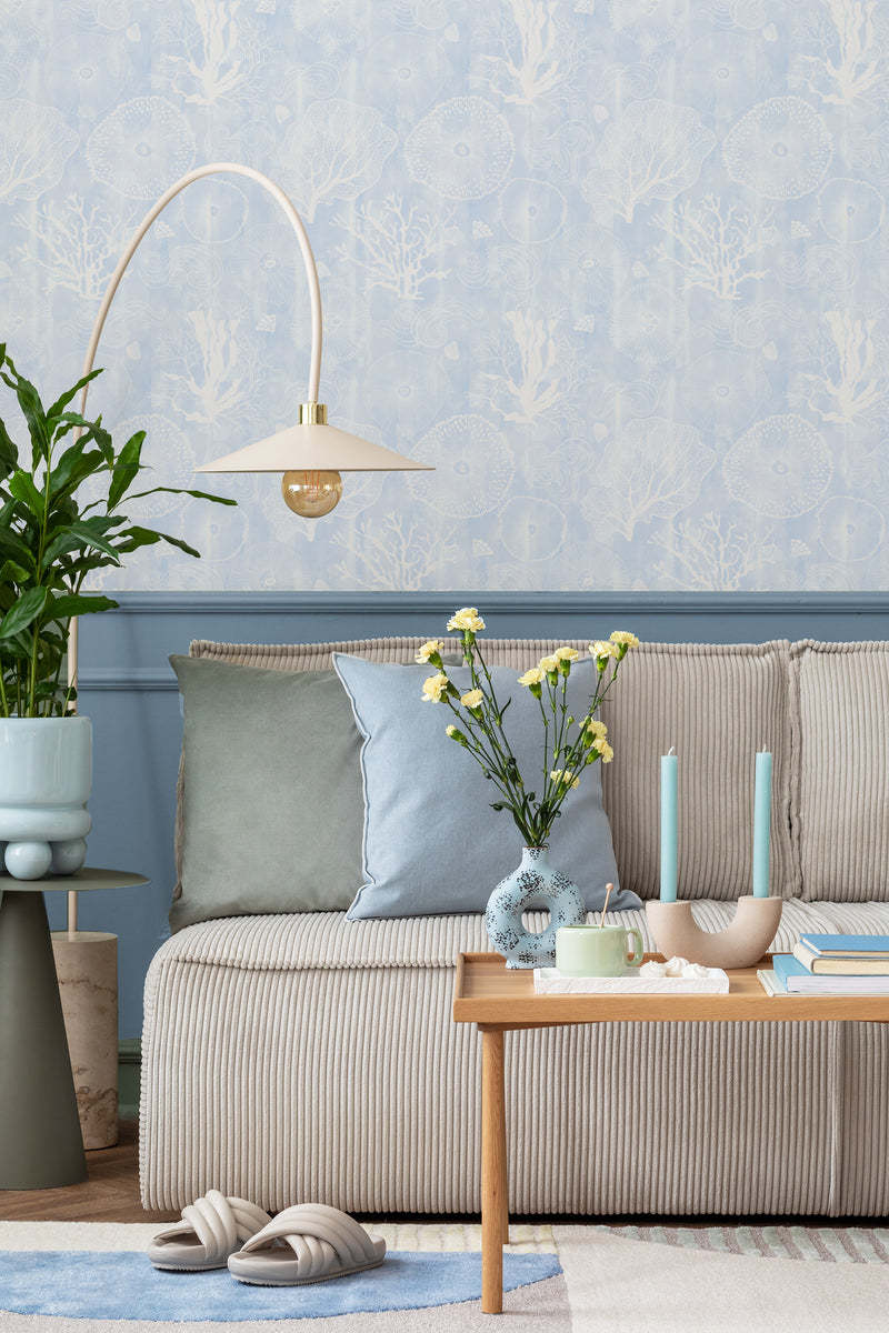 Coastal Coral in Ice Blue Wallpaper from Olive et Oriel where you can shop wallpaper and artworks online