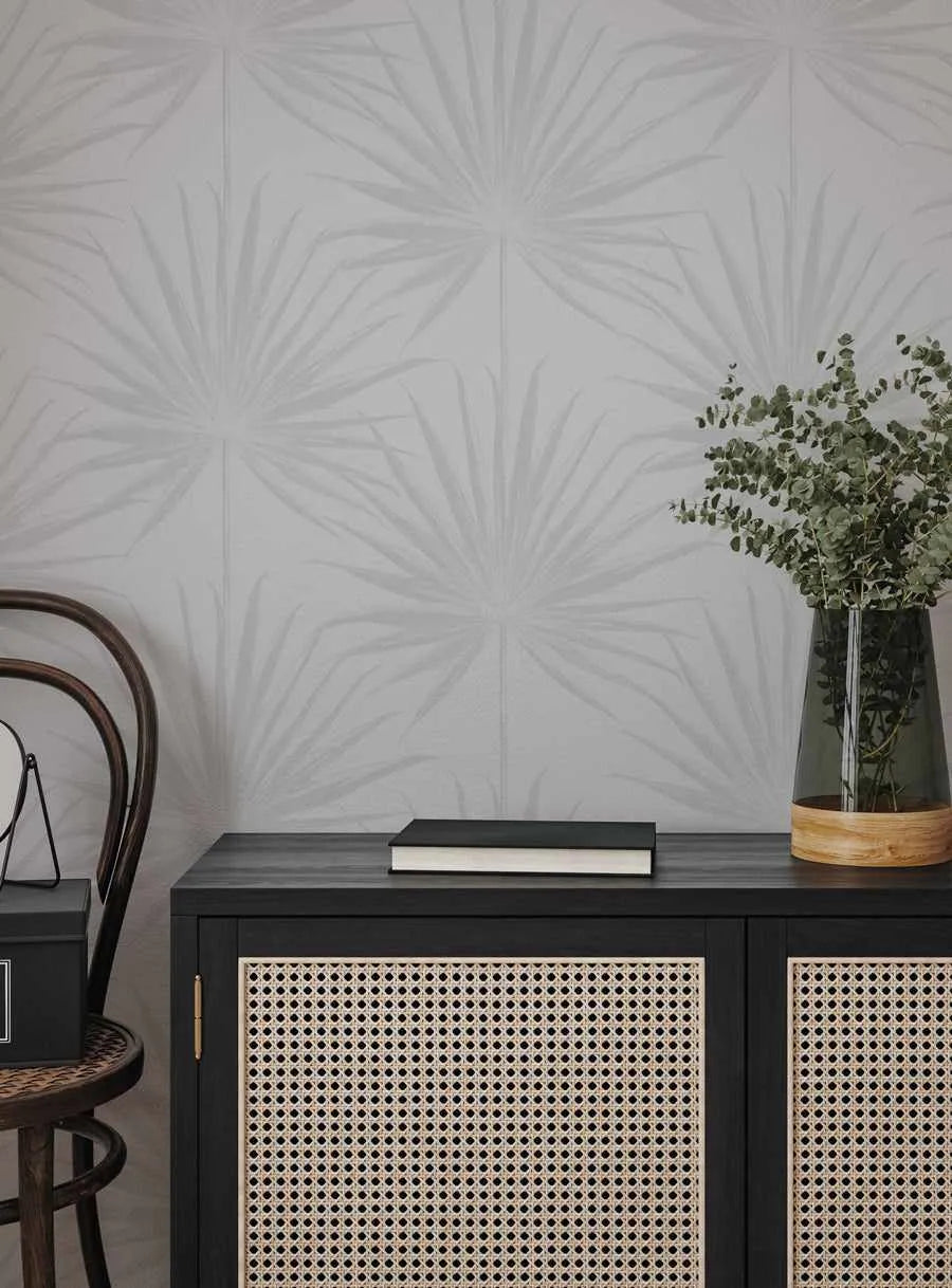 Coastal Palm Wallpaper in Grey from Olive et Oriel where you can shop wallpaper and artworks online