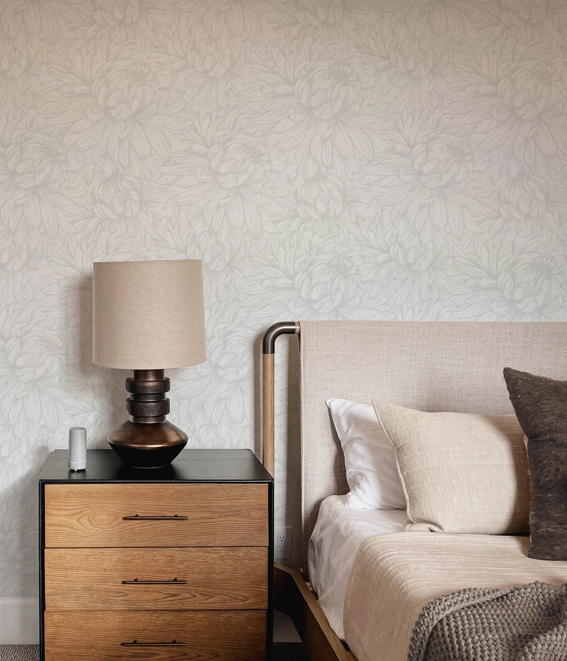 Chrysanthemum Flower Grey Wallpaper from Olive et Oriel where you can shop wallpaper and artworks online