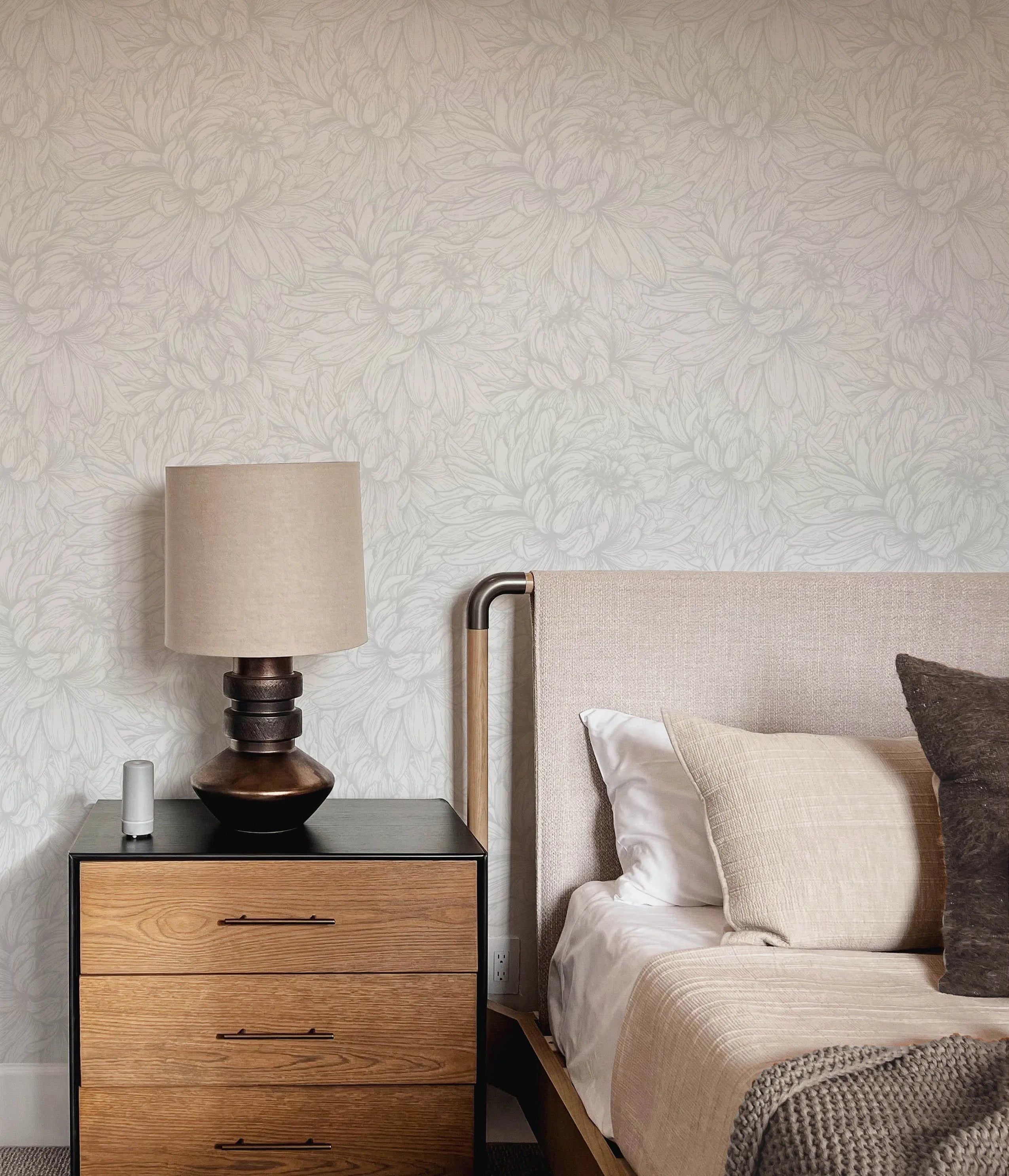 Chrysanthemum Flower Grey Wallpaper from Olive et Oriel where you can shop wallpaper and artworks online