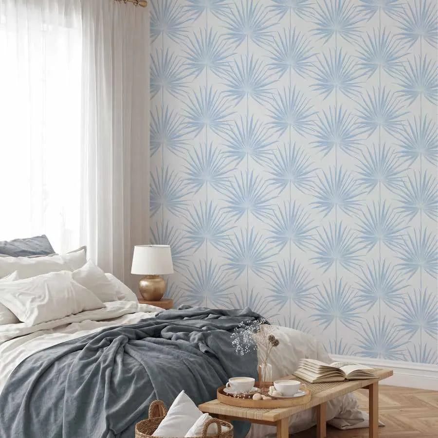 Coastal Palm Wallpaper in Blue from Olive et Oriel where you can shop wallpaper and artworks online