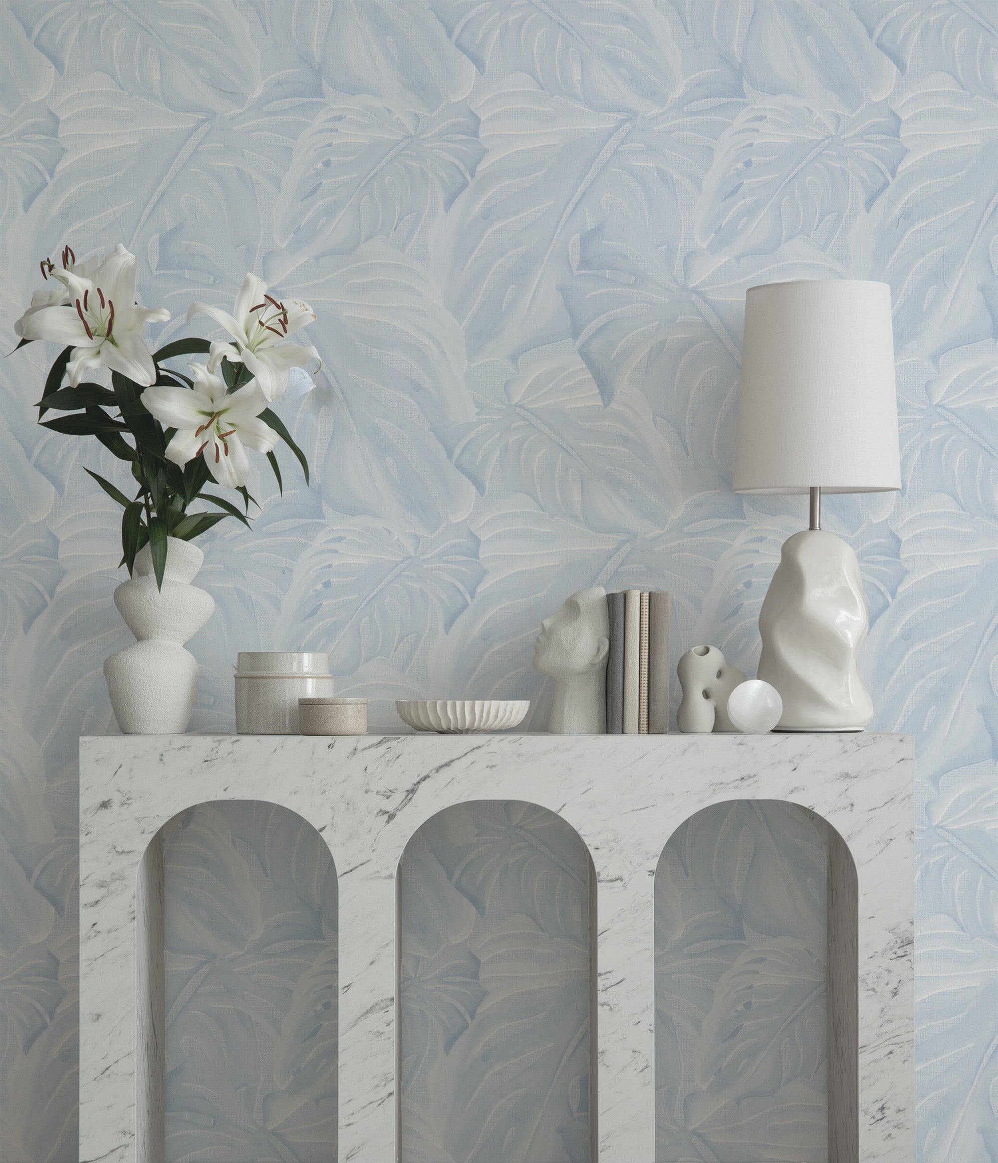 Hamptons Monstera in Light Blue Wallpaper