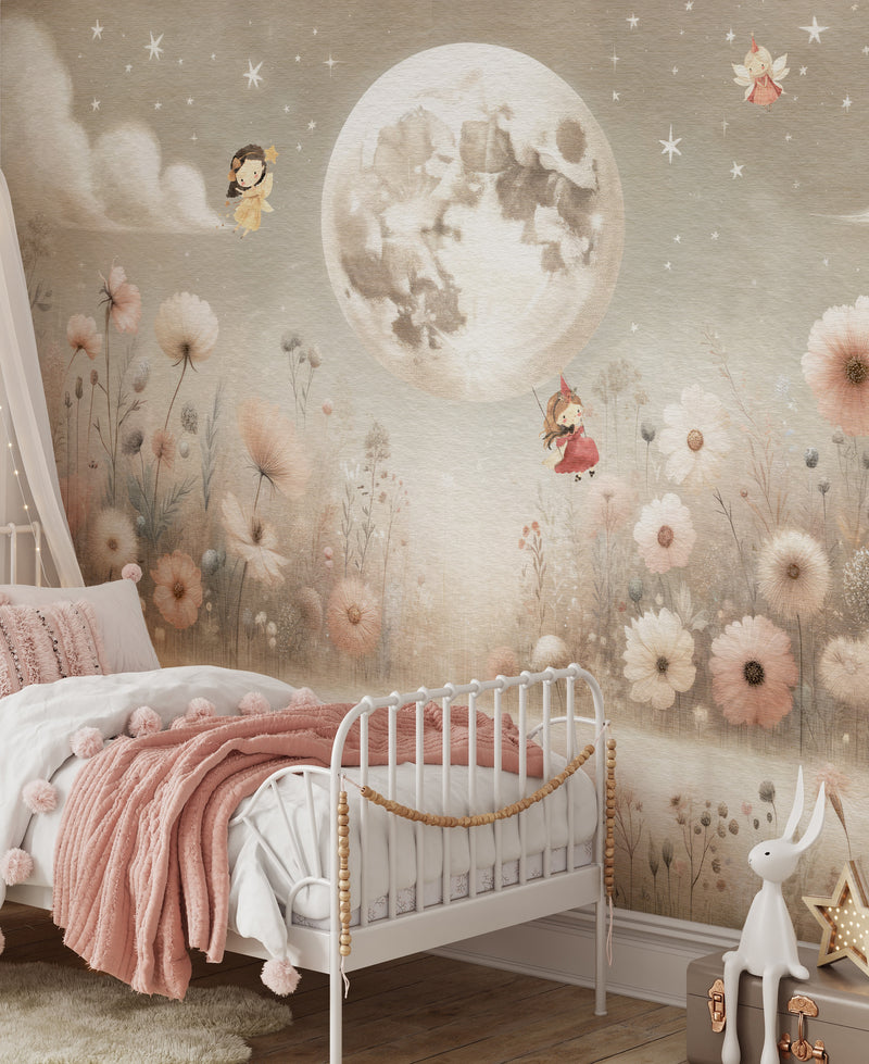 Moonlit Fairy Flower Field Wallpaper Mural from Olive et Oriel where you can shop wallpaper and artworks online