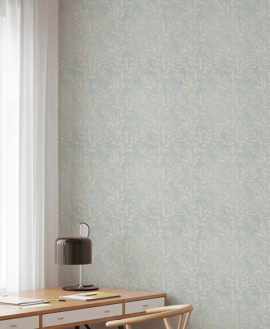 Olive Leaf Wallpaper in Blue Grey from Olive et Oriel where you can shop wallpaper and artworks online
