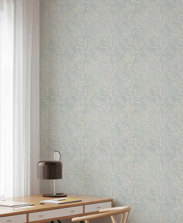 Olive Leaf Wallpaper in Blue Grey from Olive et Oriel where you can shop wallpaper and artworks online
