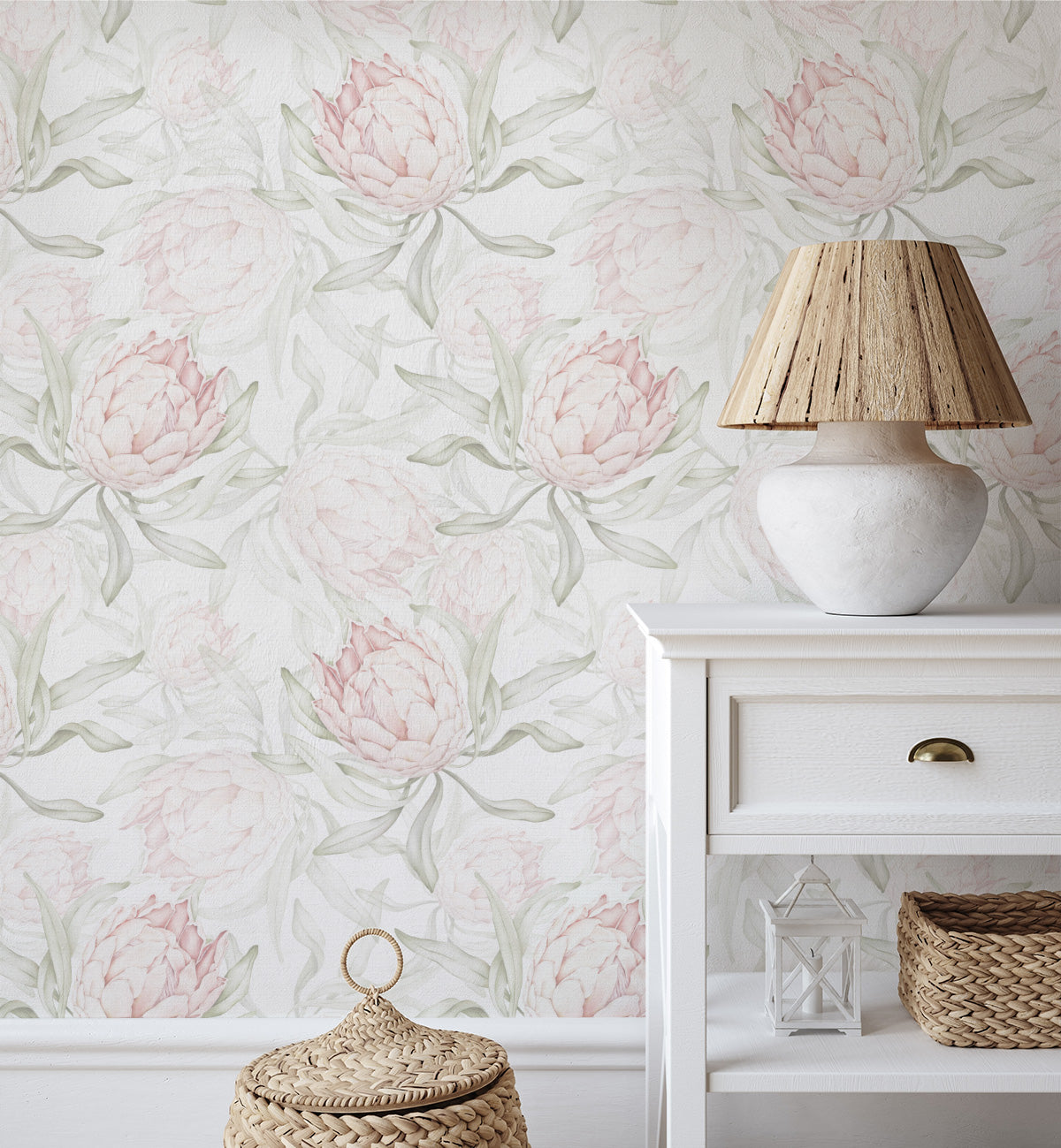 Paradise Protea in Soft Pink & Sage Green Wallpaper from Olive et Oriel where you can shop wallpaper and artworks online