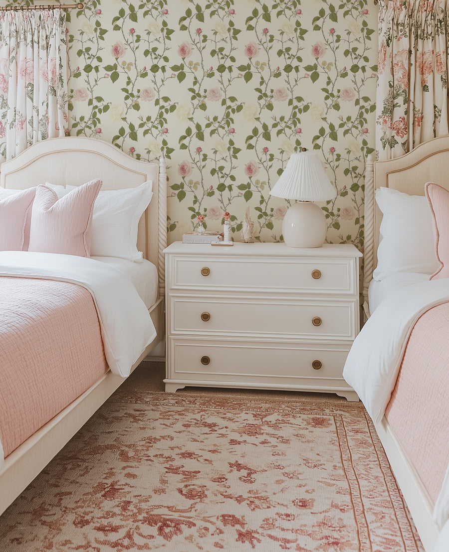 Vintage Rose on Cream Wallpaper from Olive et Oriel where you can shop wallpaper and artworks online