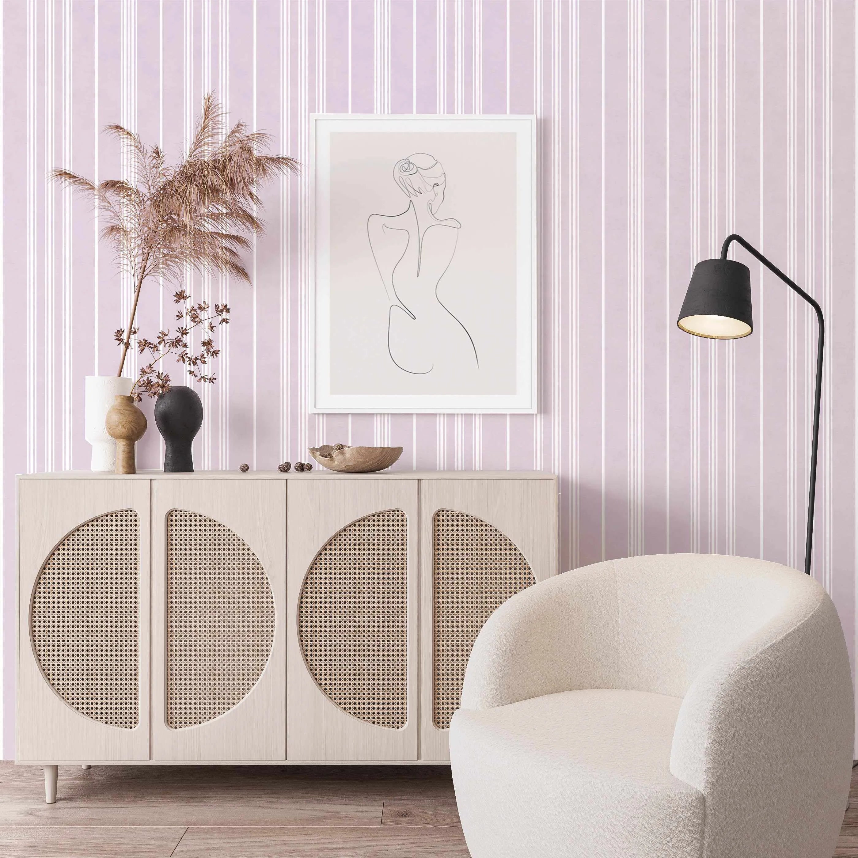 Lilac Stripe Wallpaper from Olive et Oriel where you can shop wallpaper and artworks online