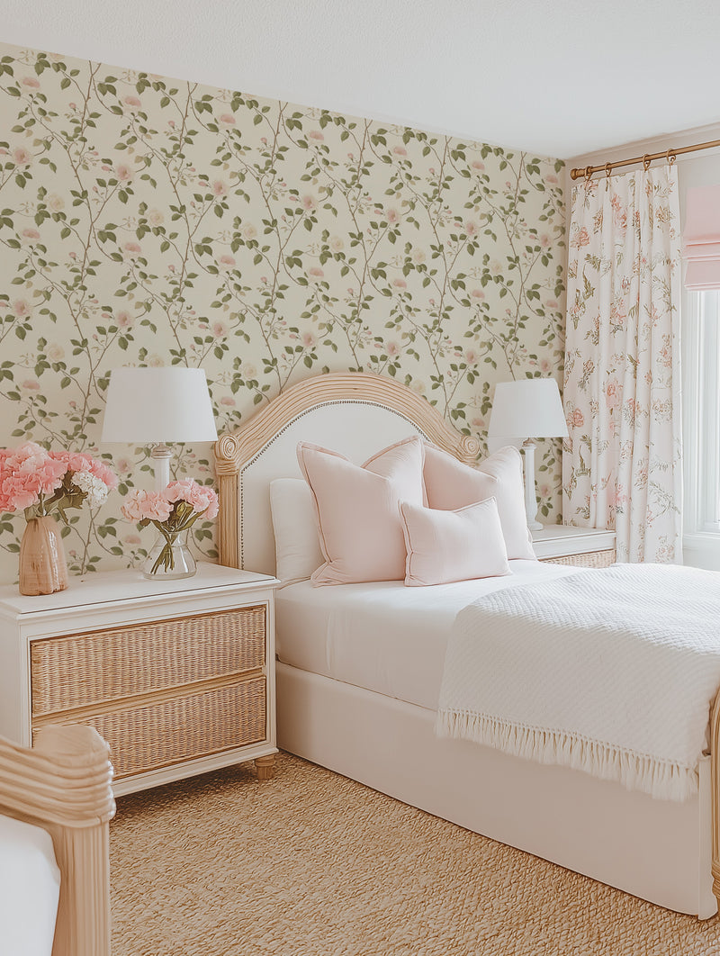 Soft Pink Trellis Rose Wallpaper from Olive et Oriel where you can shop wallpaper and artworks online
