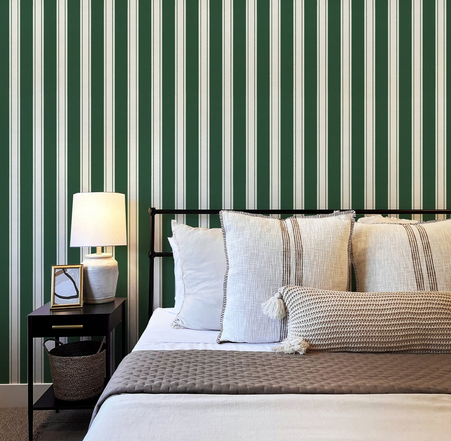 Country Stripe Dark Green Wallpaper from Olive et Oriel where you can shop wallpaper and artworks online
