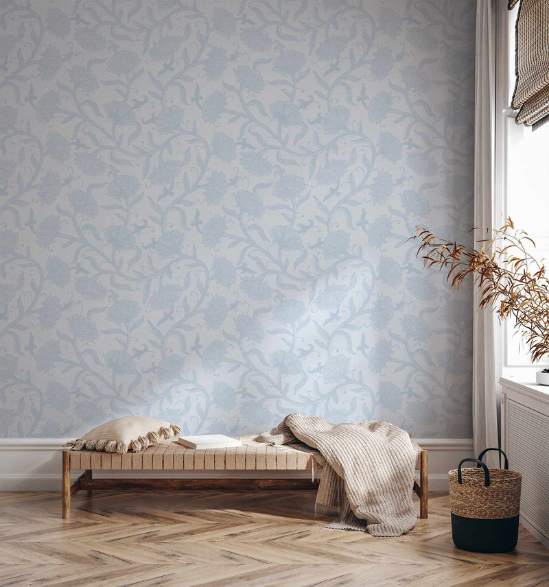 Luxe Block Print Floral in Light Blue Wallpaper