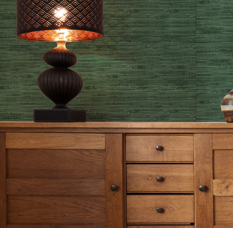 Faux Grass Cloth in Dark Green Wallpaper from Olive et Oriel where you can shop wallpaper and artworks online