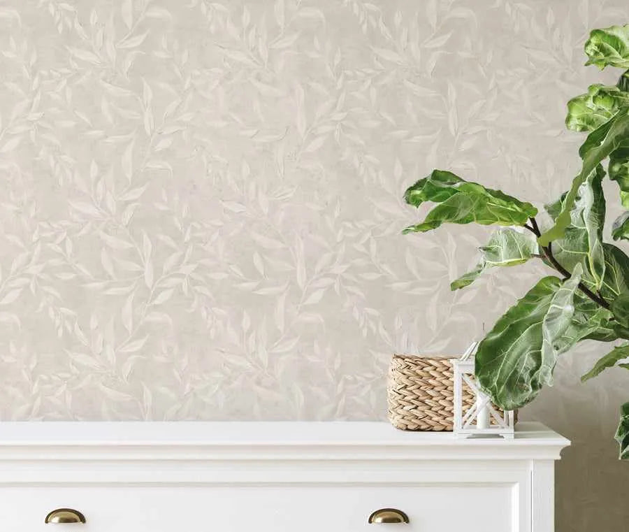 Olive Leaf Wallpaper in Sand as seen in Rachel & Ryan ‘Holiday Home Makeover’ from Olive et Oriel where you can shop wallpaper and artworks online