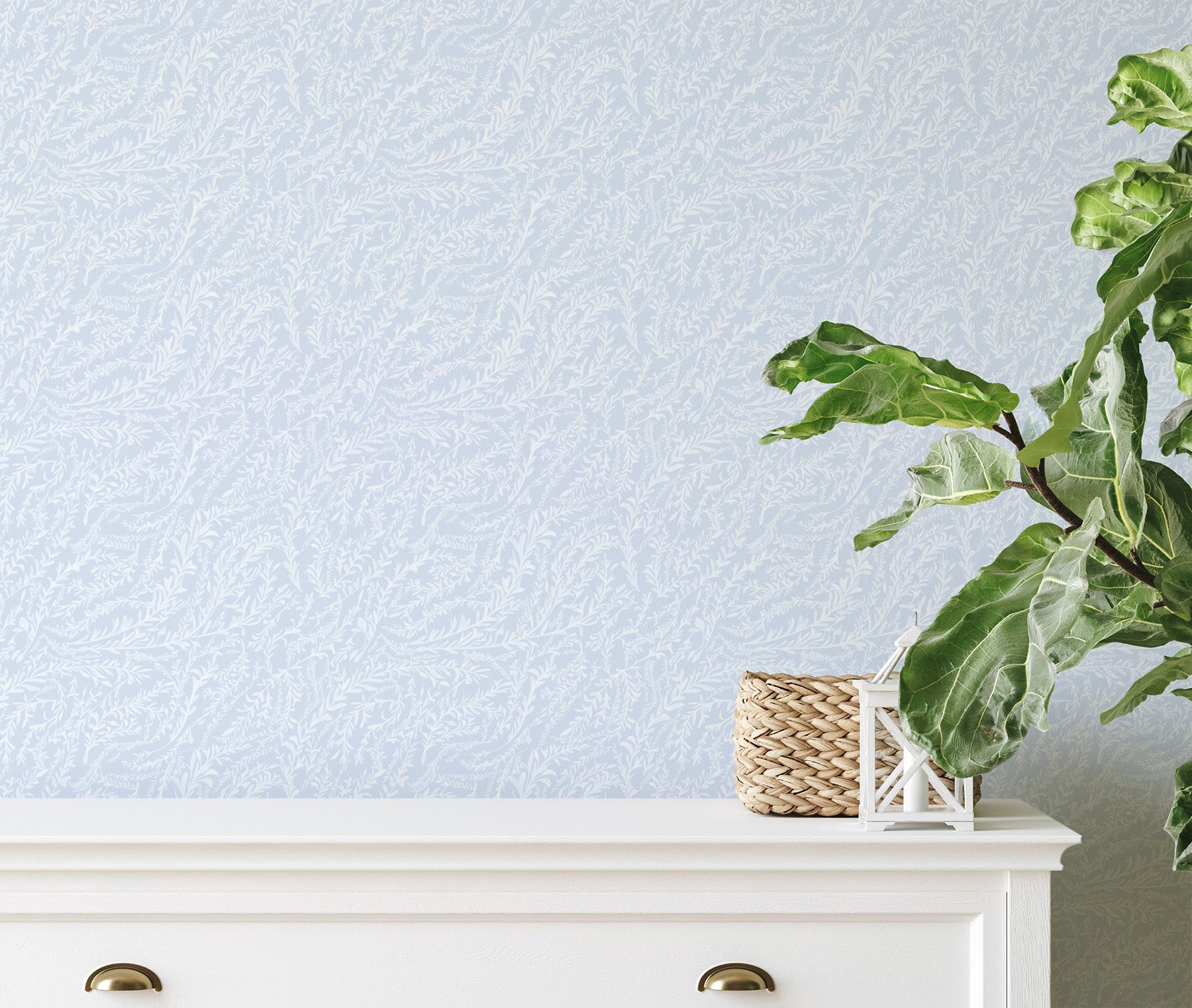 Hamptons Sea Leaves Blue & White Wallpaper