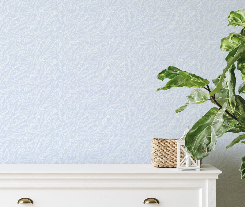 Hamptons Sea Leaves Blue & White Wallpaper from Olive et Oriel where you can shop wallpaper and artworks online