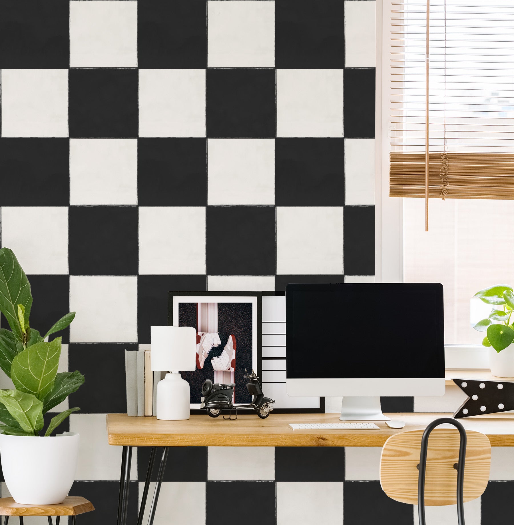 Large Watercolour Check Charcoal Black Wallpaper