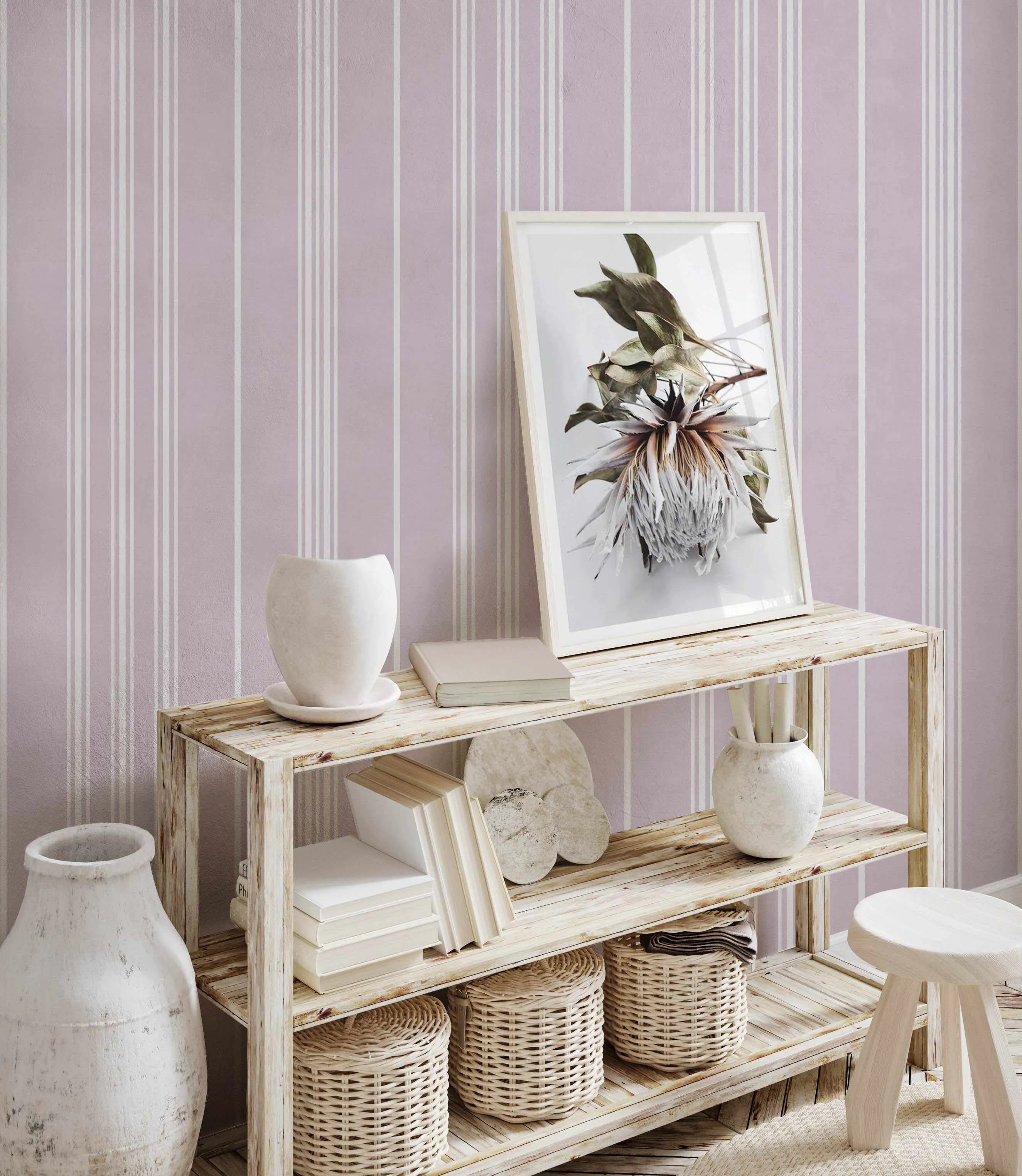 Lilac Stripe Wallpaper from Olive et Oriel where you can shop wallpaper and artworks online