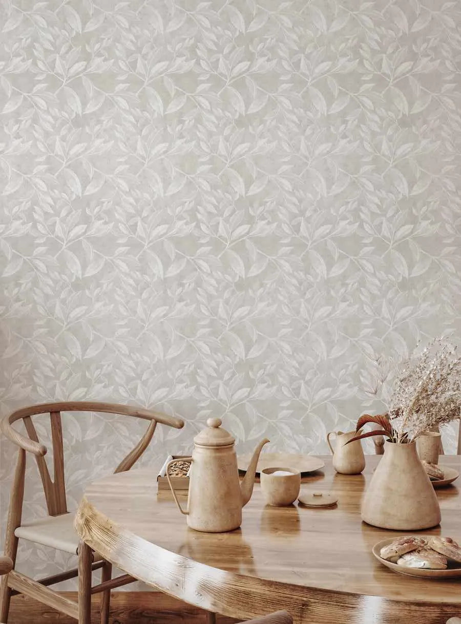 Autumn Leaves Wallpaper in Neutral from Olive et Oriel where you can shop wallpaper and artworks online
