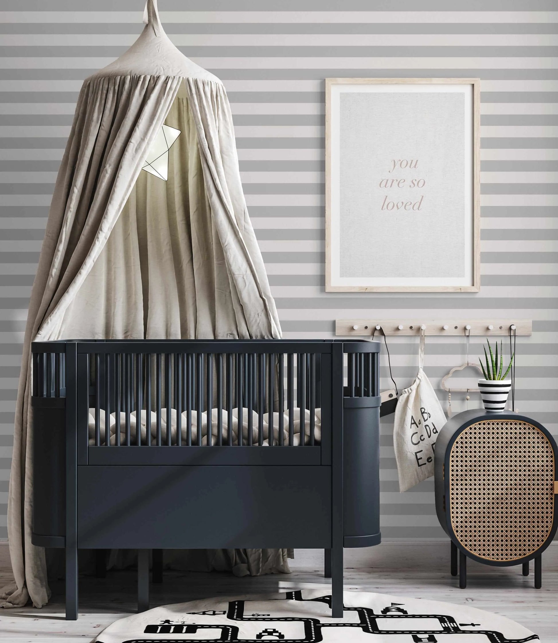 Horizontal Stripe in Mist Wallpaper from Olive et Oriel where you can shop wallpaper and artworks online