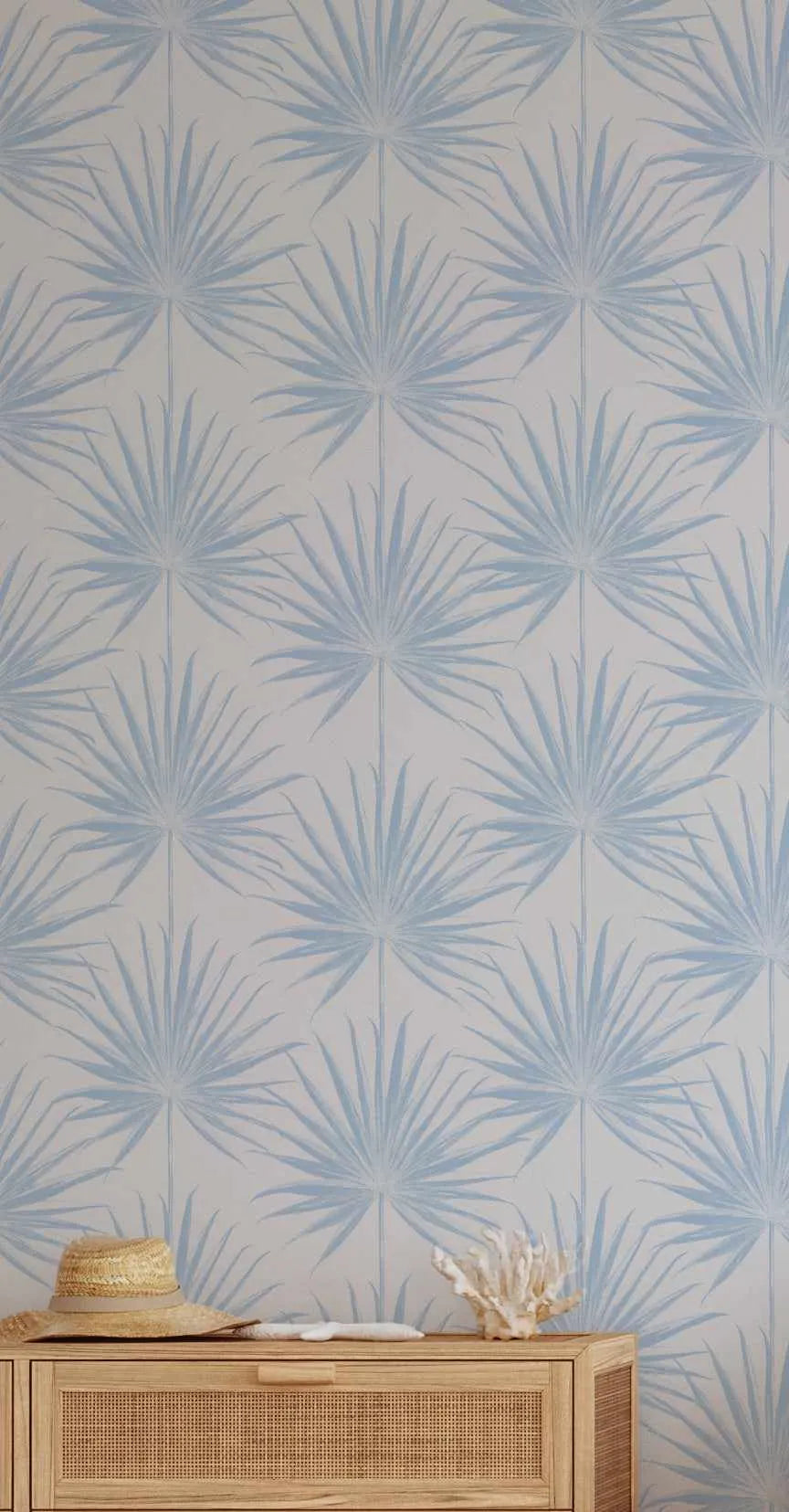 Coastal Palm Wallpaper in Blue from Olive et Oriel where you can shop wallpaper and artworks online