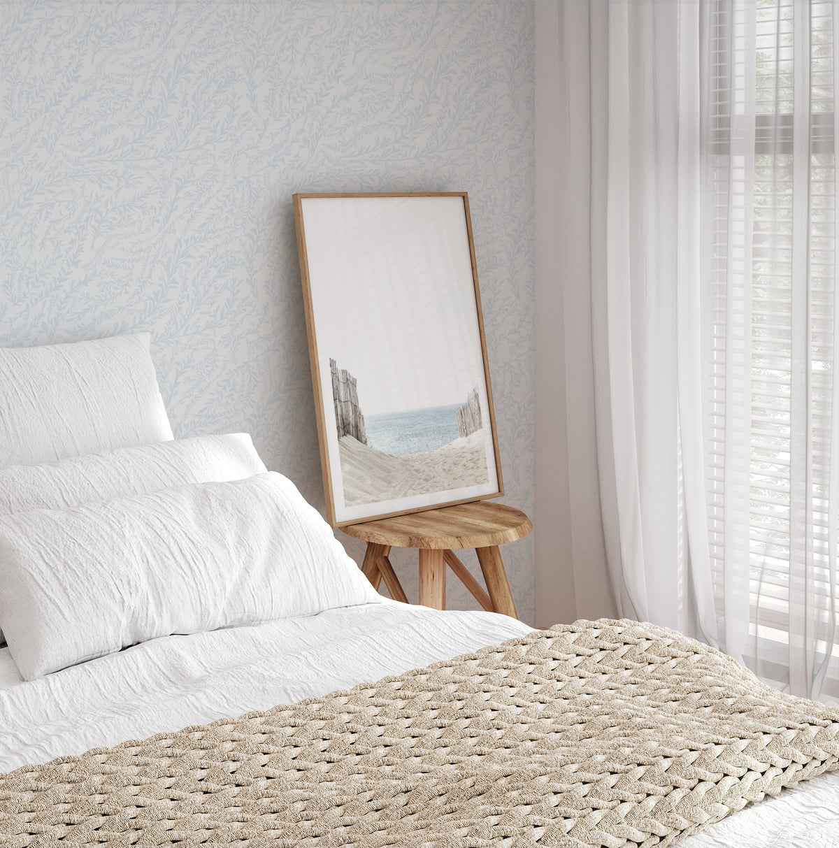 Hamptons Sea Leaves in Light Blue Wallpaper from Olive et Oriel where you can shop wallpaper and artworks online