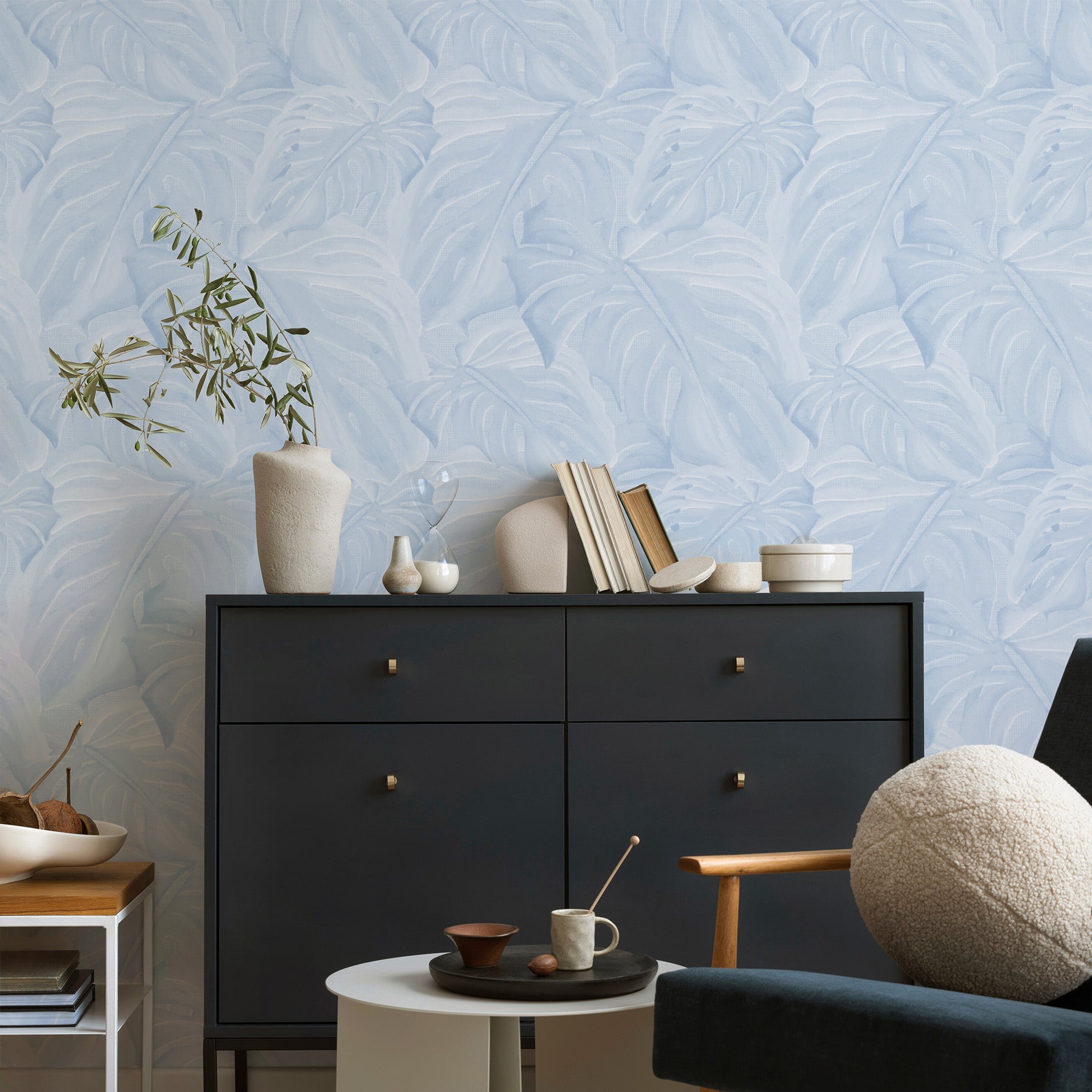 Hamptons Monstera in Light Blue Wallpaper