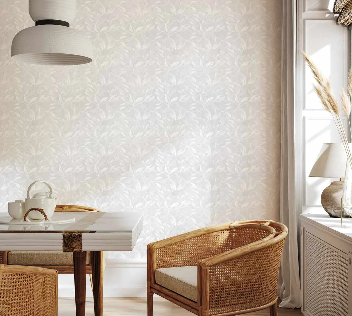 Autumn Leaves Wallpaper in Soft Grey from Olive et Oriel where you can shop wallpaper and artworks online
