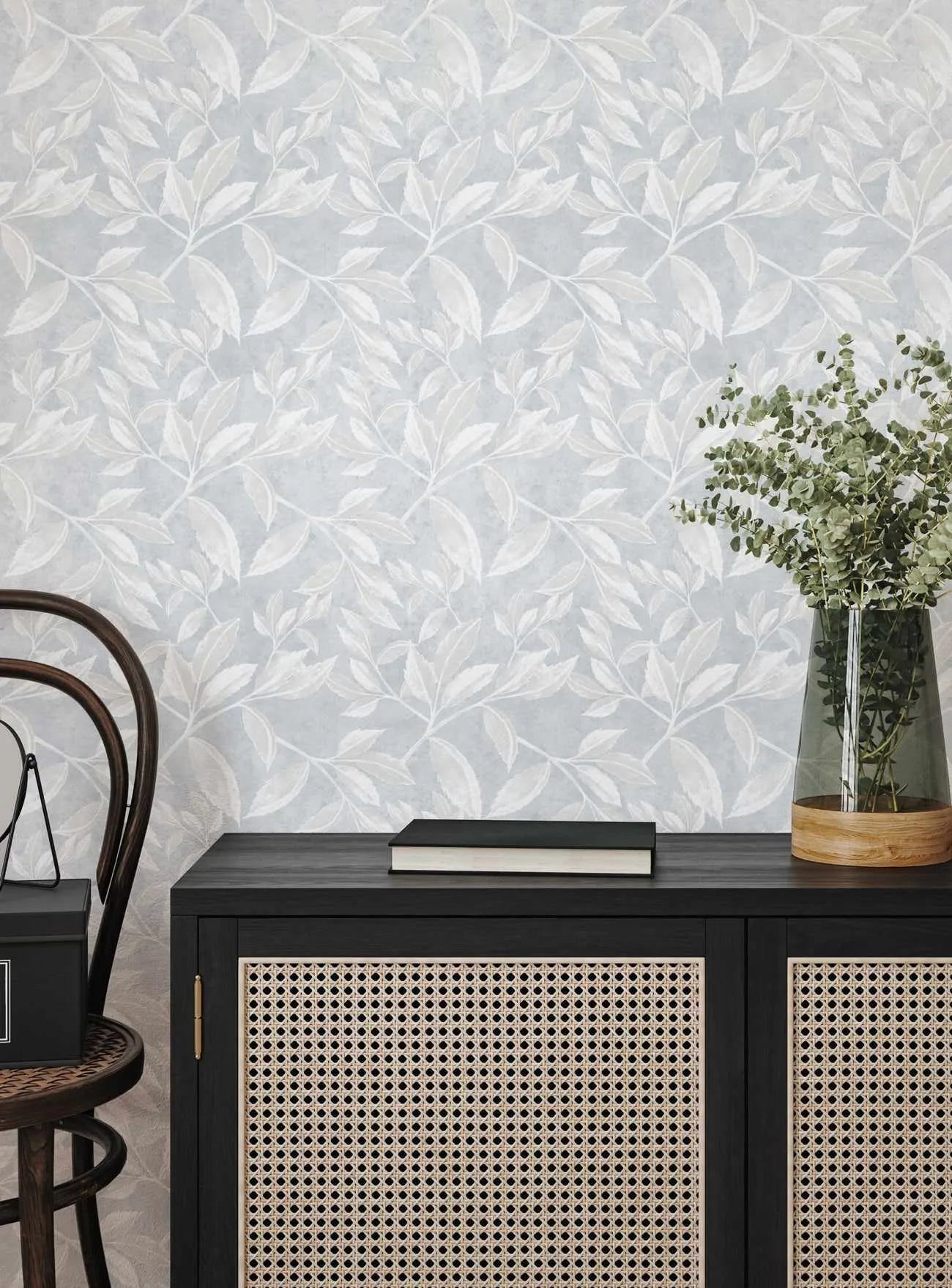 Autumn Leaves Wallpaper in Sky Blue from Olive et Oriel where you can shop wallpaper and artworks online