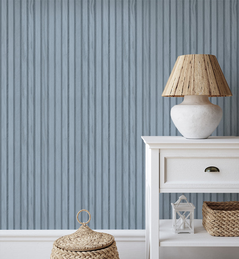 Blue Battens Wallpaper from Olive et Oriel where you can shop wallpaper and artworks online