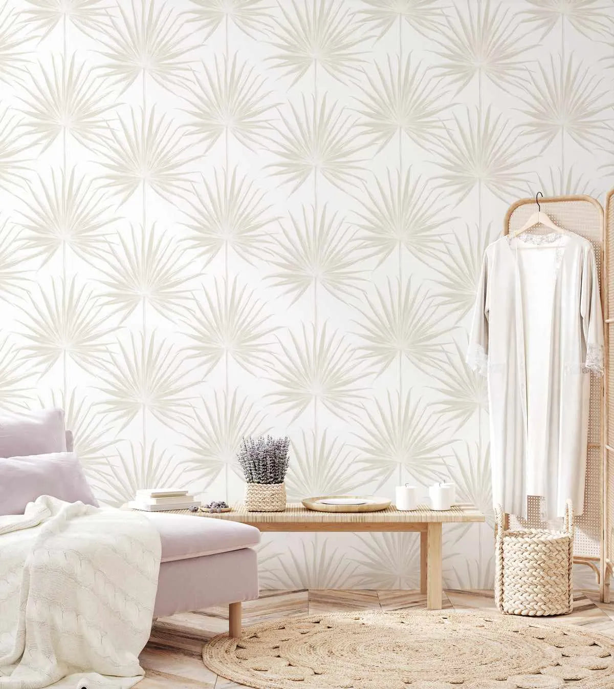Coastal Palm Wallpaper in Warm Grey from Olive et Oriel where you can shop wallpaper and artworks online