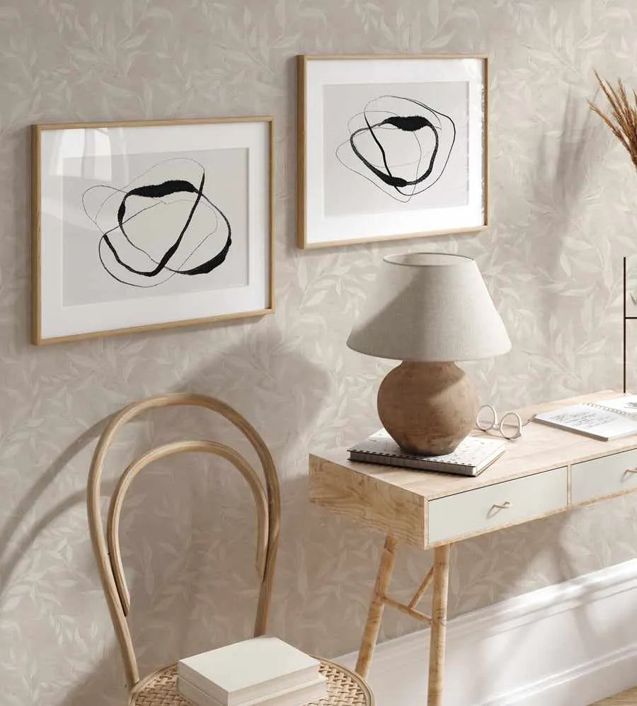 Olive Leaf Wallpaper in Sand as seen in Rachel & Ryan ‘Holiday Home Makeover’ from Olive et Oriel where you can shop wallpaper and artworks online