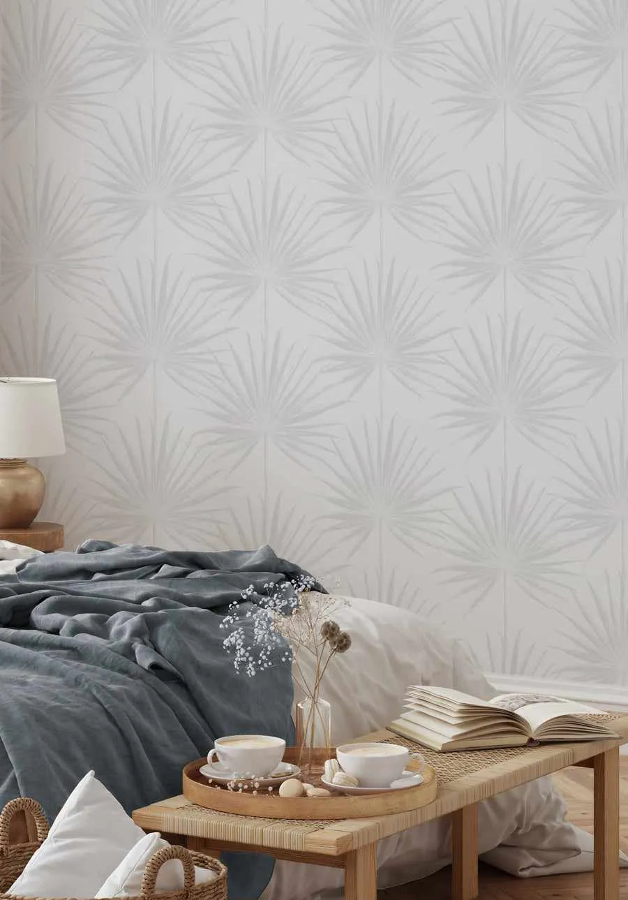 Coastal Palm Wallpaper in Grey from Olive et Oriel where you can shop wallpaper and artworks online
