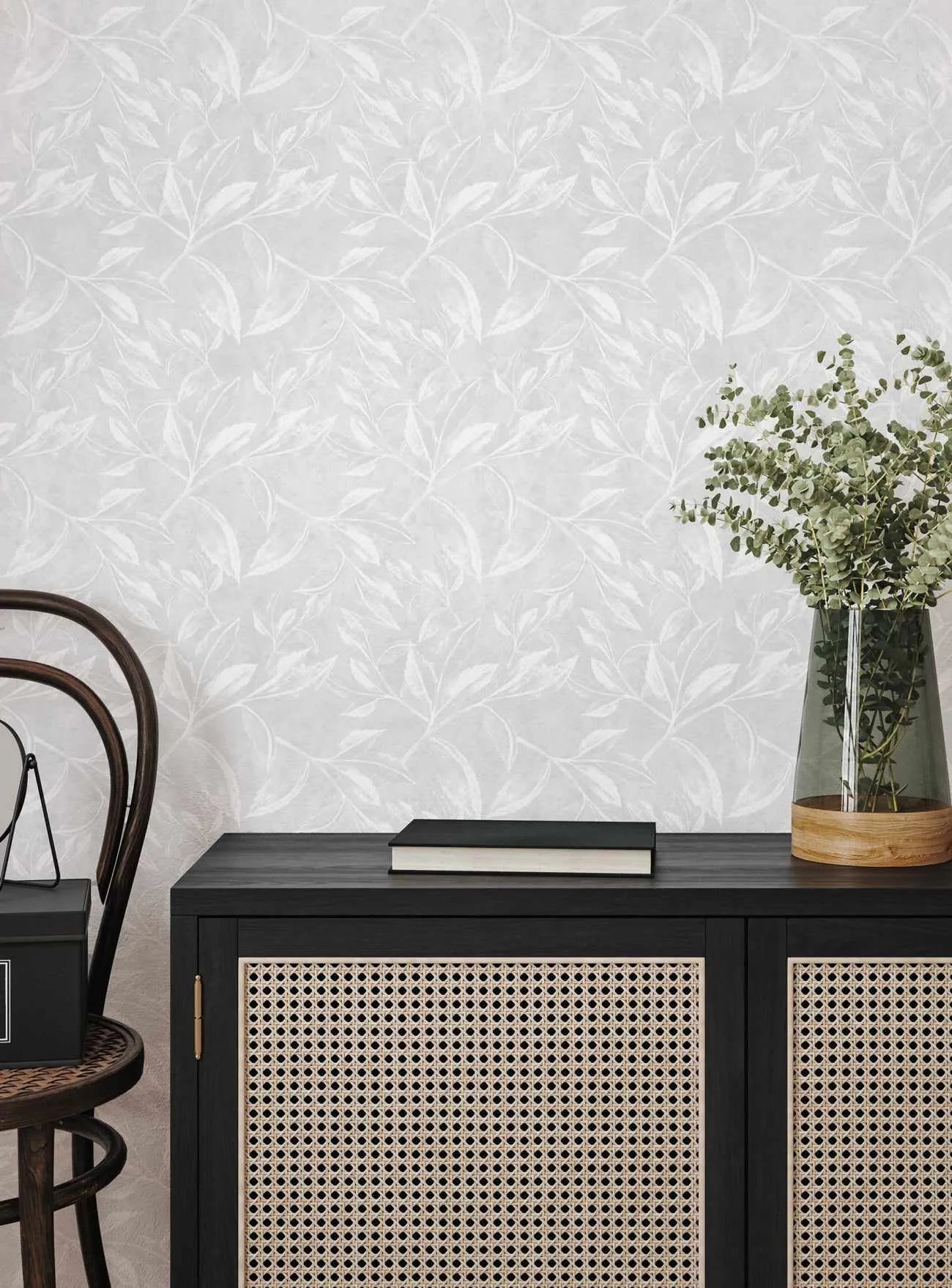 Autumn Leaves Wallpaper in Soft Grey from Olive et Oriel where you can shop wallpaper and artworks online