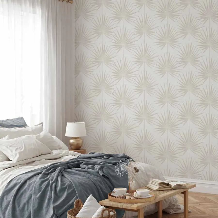 Coastal Palm Wallpaper in Warm Grey from Olive et Oriel where you can shop wallpaper and artworks online