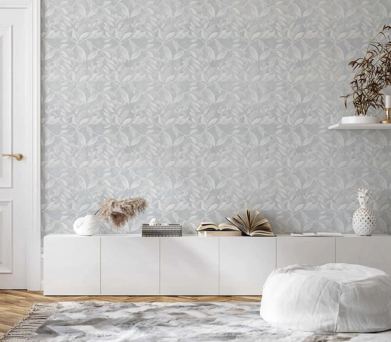 Autumn Leaves Wallpaper in Sky Blue from Olive et Oriel where you can shop wallpaper and artworks online