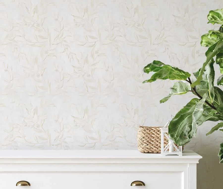 Olive Leaf Wallpaper in Dove Grey from Olive et Oriel where you can shop wallpaper and artworks online