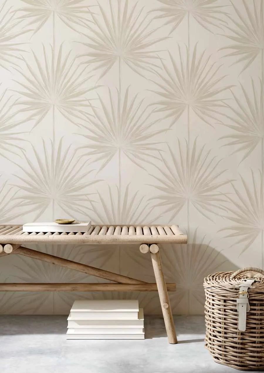 Coastal Palm Wallpaper in Warm Grey from Olive et Oriel where you can shop wallpaper and artworks online